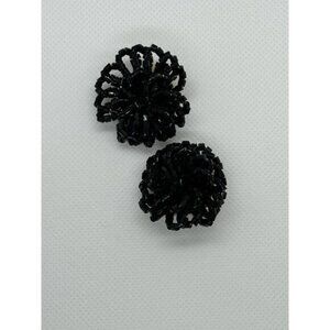Vintage Black Beaded Clip-On Earrings Statement Jewelry